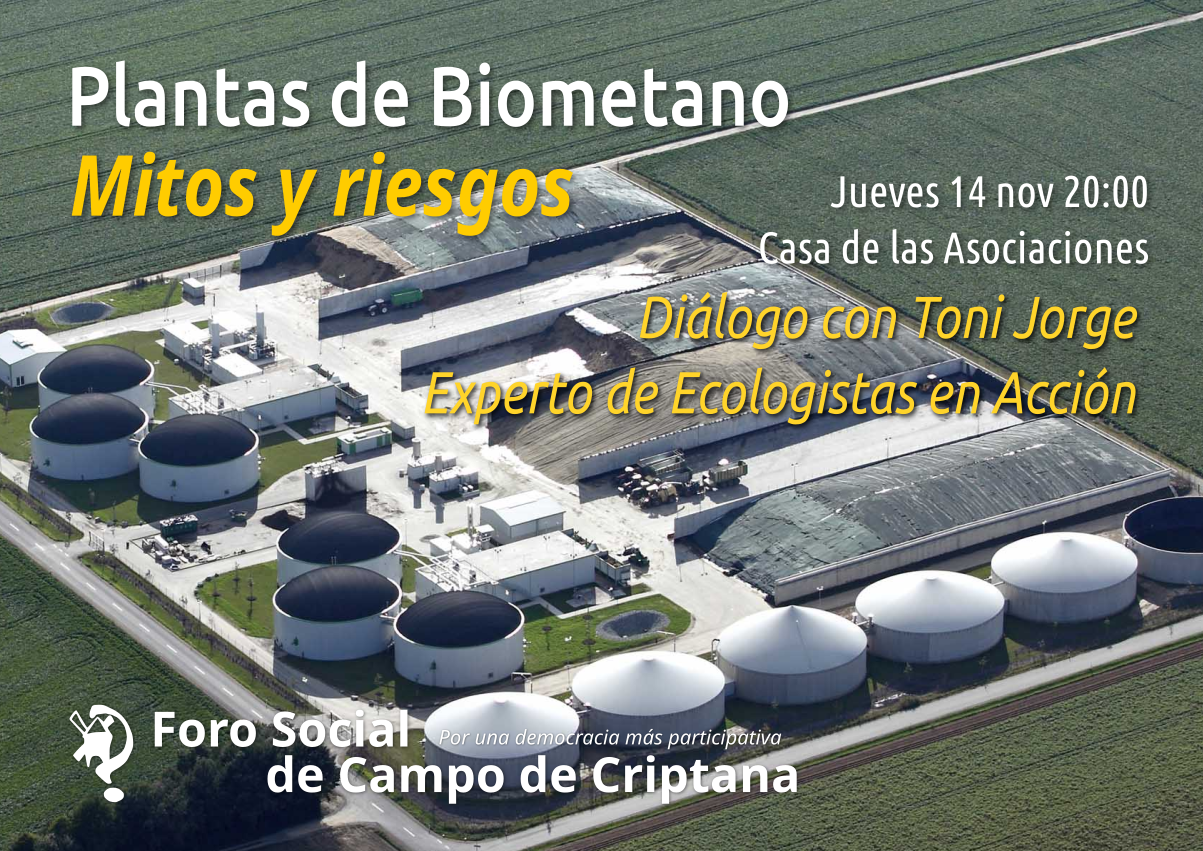 Cartel de la segunda charla informativa sobre las plantas de biometano